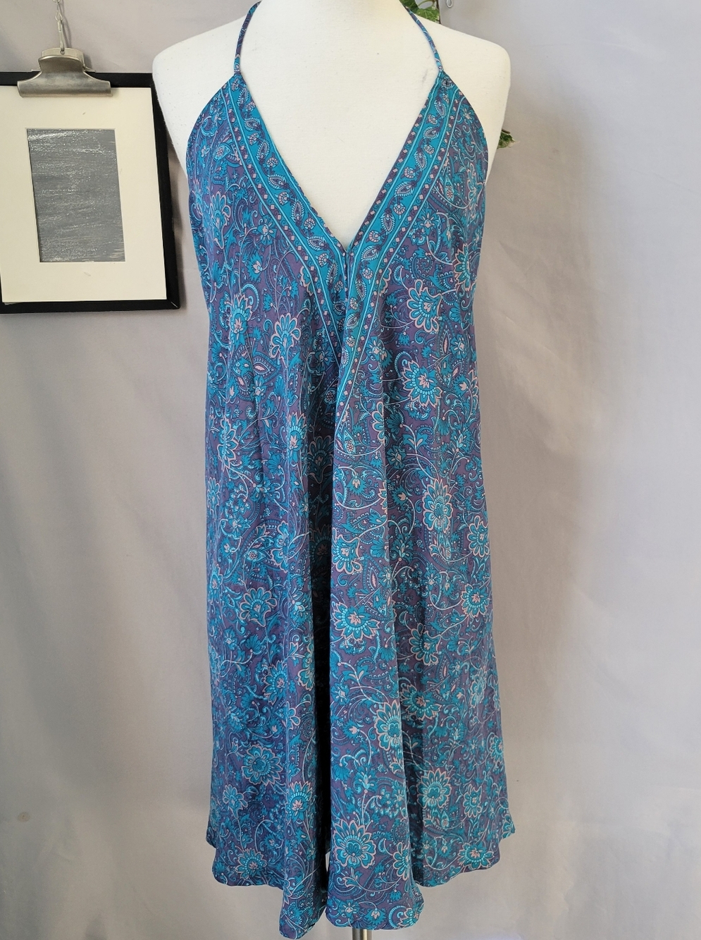 Silk Handkerchief Paisley Boho Open Back Halter Mini Dress One Size OS